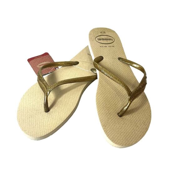Havaianas Sandals Metallic Gold Womens Sz 9-10 Flip Flops Summer Beach Thong NEW - Picture 1 of 8